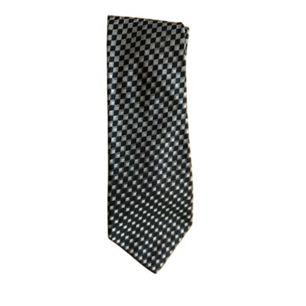 "Villa Bugatti" Mens Silk Tie Black Grey Silver Geo Checkerboard Long Necktie
